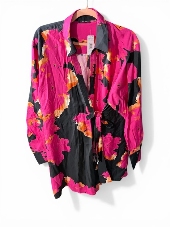 Natori Tops - Natori Pink Black & Orange Floral Kimono Tie-Front Tunic Cotton & Silk